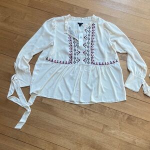 Ann Taylor Cream Peasant Blouse with Pink, Gray and Brown Embroidery